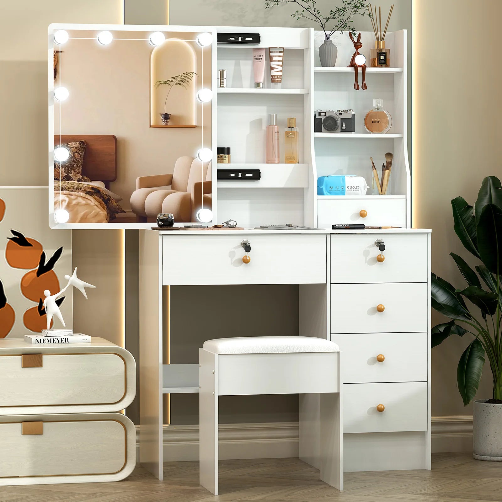 Vanity Set with 10 LED Lighted Mirror Makeup Dressing Table Dresser Desk & Stool