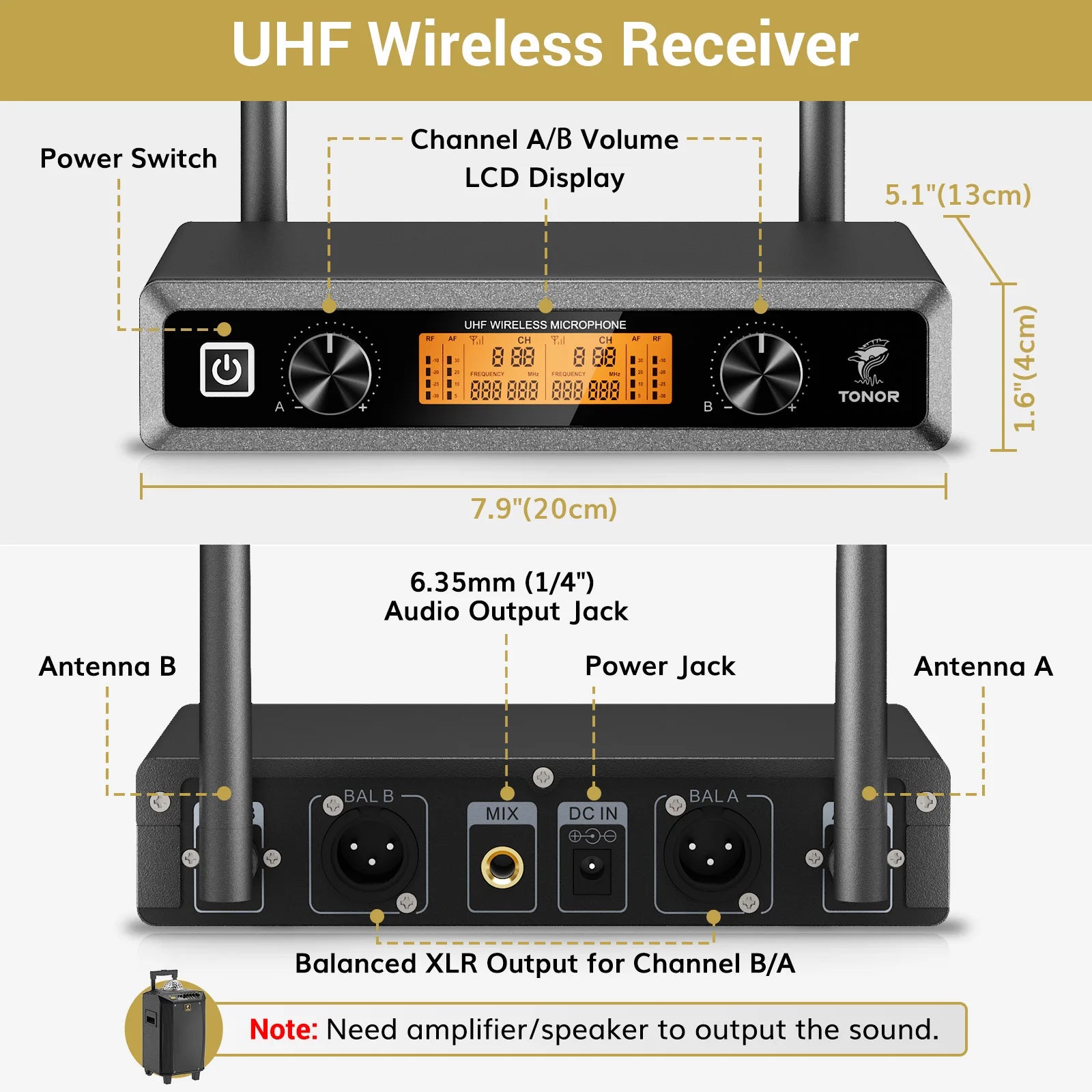 Wireless Microphone System, Professional Metal Cordless Karaoke Microphones, Handheld Dynamic Mic Set with Receiver, TW820
