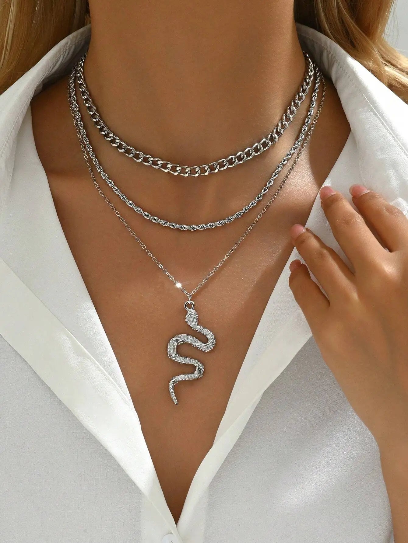 3-Layer Gold Snake Pendant Necklace Set for Women, Chunky Chain & Rope Layering Jewelry