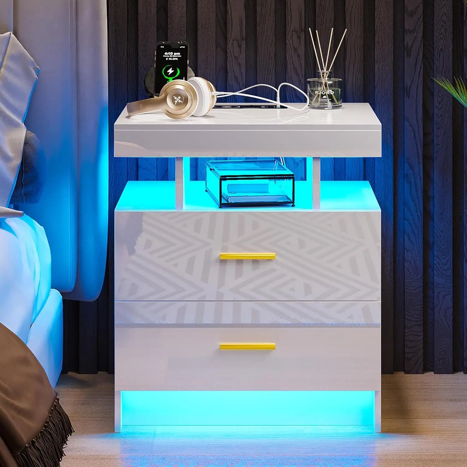 RGB LED Nightstand Set of 2 with Charging, Modern White Bedside Table with 2 Drawers
