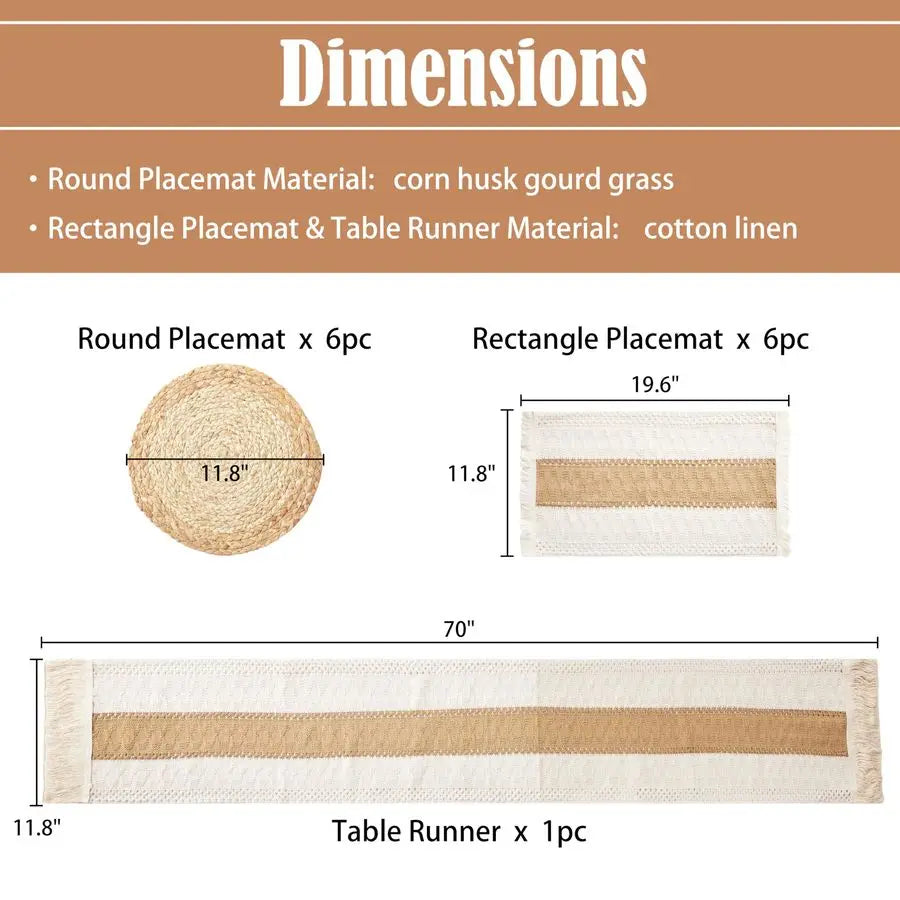 Boho Placemats Set of 13 PCS Handmade Grass Woven Meal Mats and Natural Cotton Linen Burlap, with 1 Macrame Burlap Table Runner