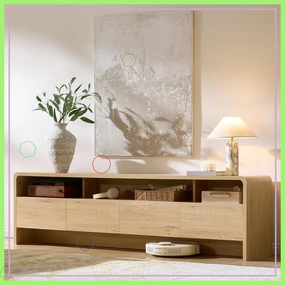 70" Modern TV Stand for 80" TVs, Curved Wood Console with Storage Cabinets, Media Entertainment Center for Living Room