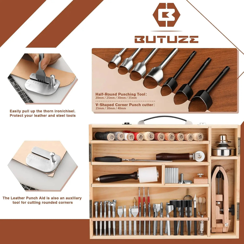 Professional Leather Crafting Tool Kit with Cutting, Punching, Carving, and Heavy Duty Sewing Supplies