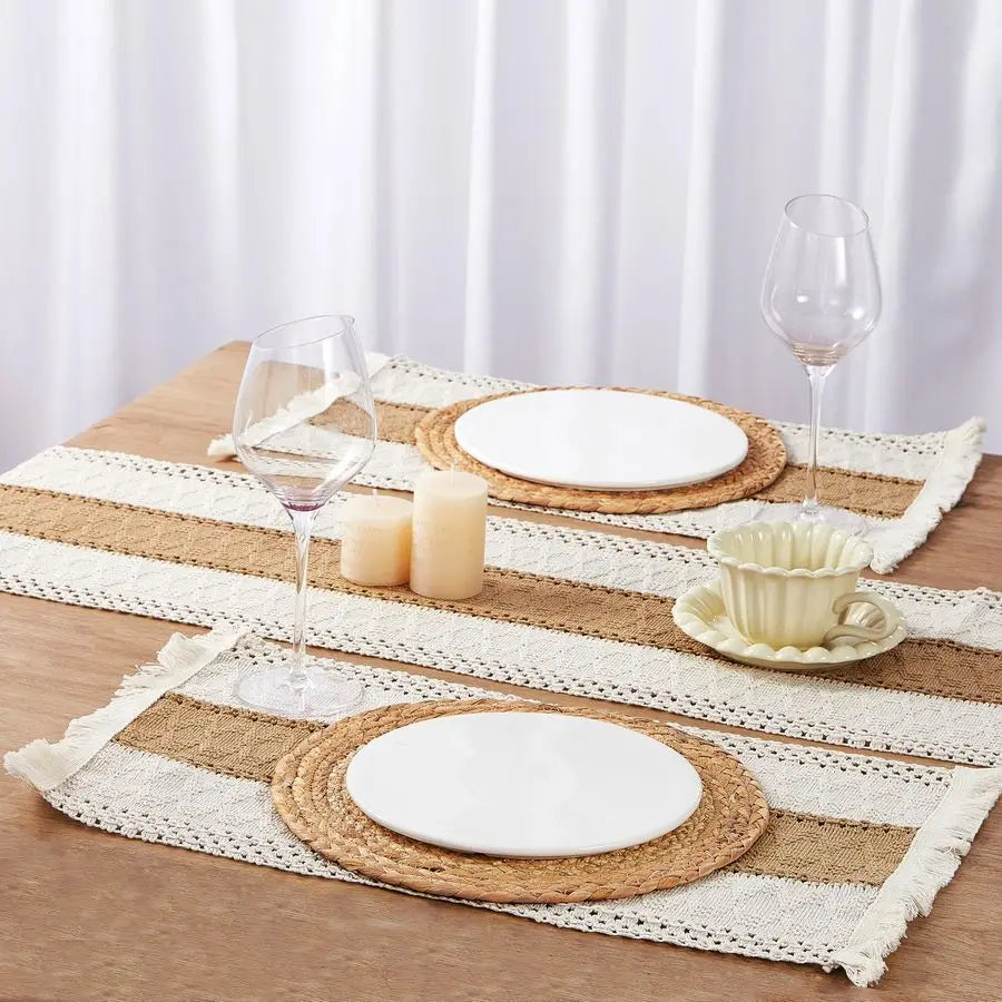 Boho Placemats Set of 13 PCS Handmade Grass Woven Meal Mats and Natural Cotton Linen Burlap, with 1 Macrame Burlap Table Runner