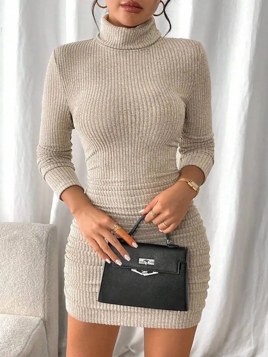 Women's Ribbed Knit Turtleneck Long Sleeve Bodycon Mini Dress