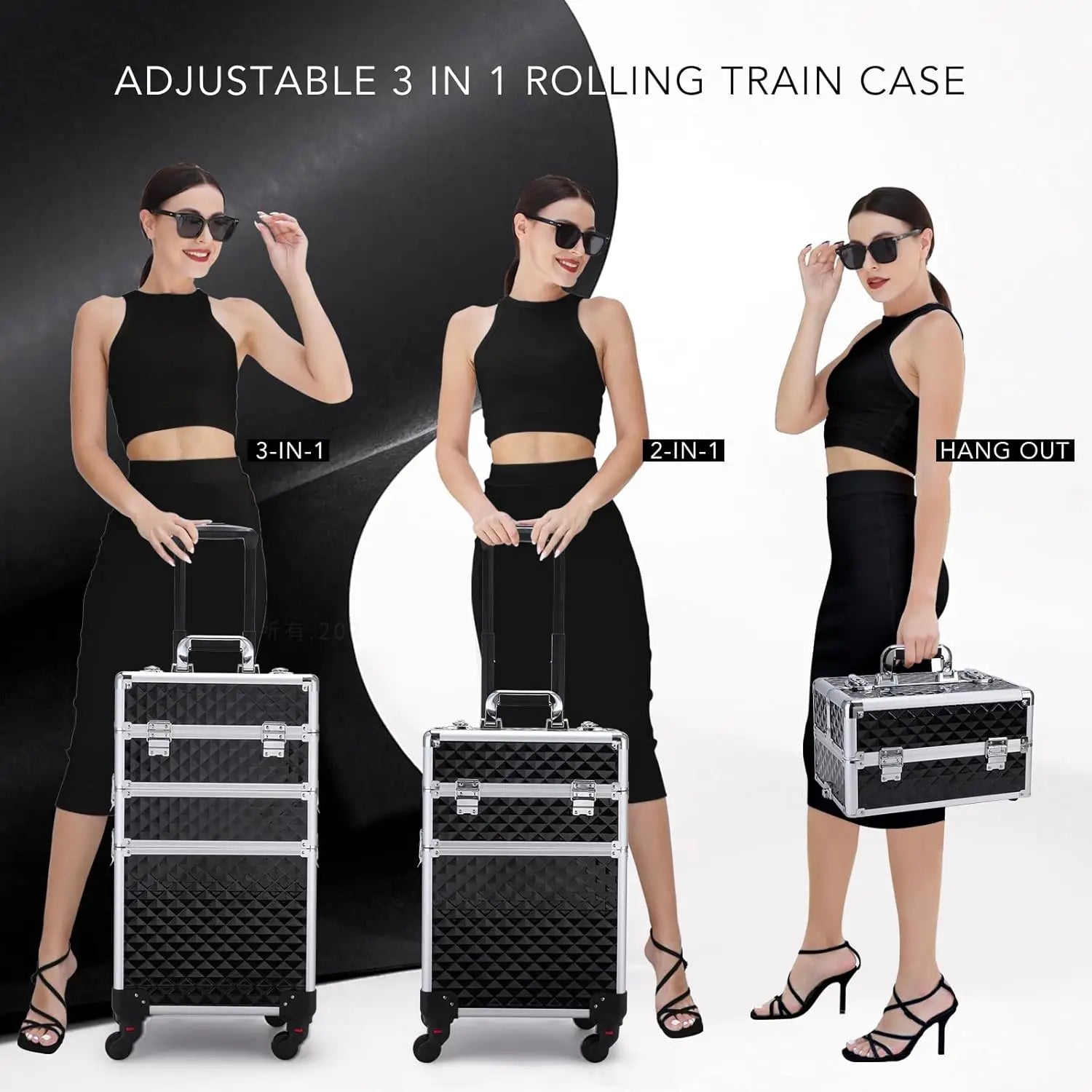 3-in-1 Rolling Makeup Case with Swivel Wheels, Large Storage for Salon Travel, Vintage Black
