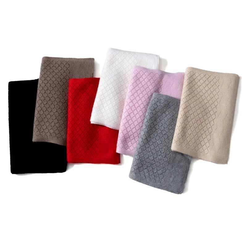 Women's 100% Cashmere Solid Color Scarf Hollow Grid Knitted Windproof Elegant Embroidery Texture Neckerchief for Ladies Banquet