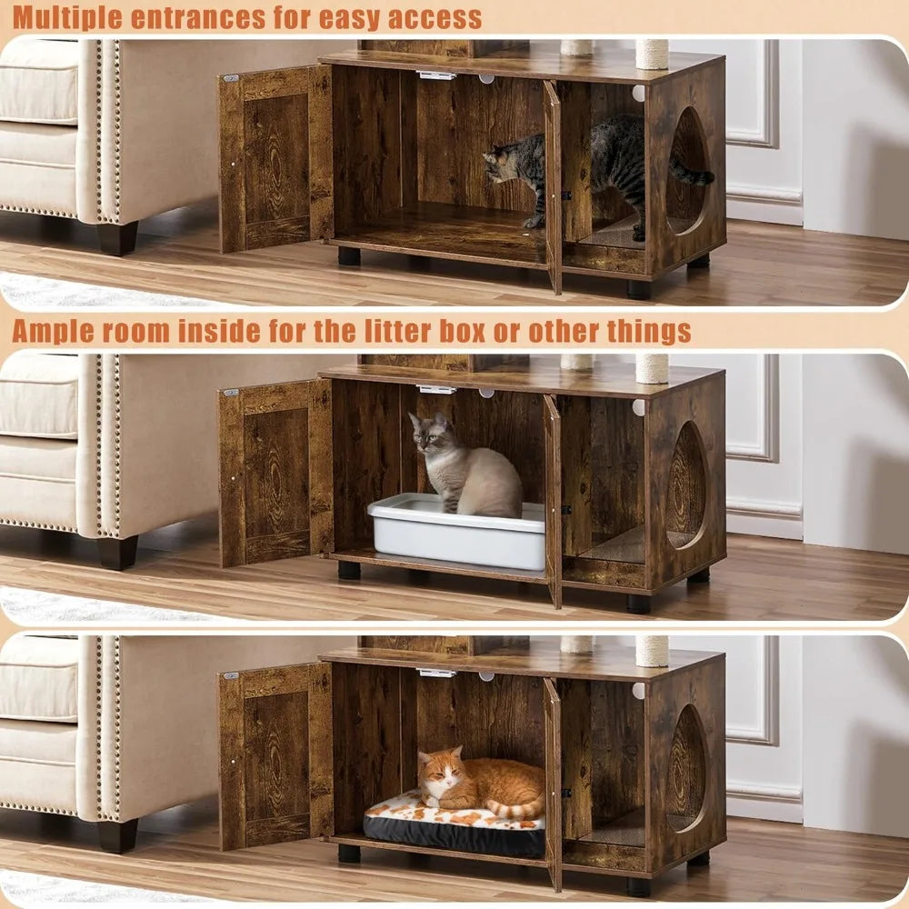 All-in-One Indoor Cat Litter Box Enclosure with Tree, Scratching Posts, and Wooden Furniture for Kittens
