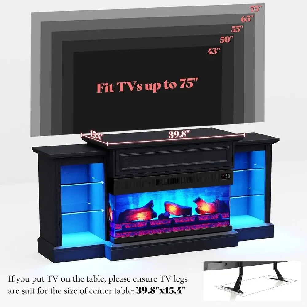 3-Sided  Electric Fireplace TV Stand, 70 Farmhouse Style, Fits TVs up to 75, Mantel, Adjustable Shelves, LED Lights，Customized