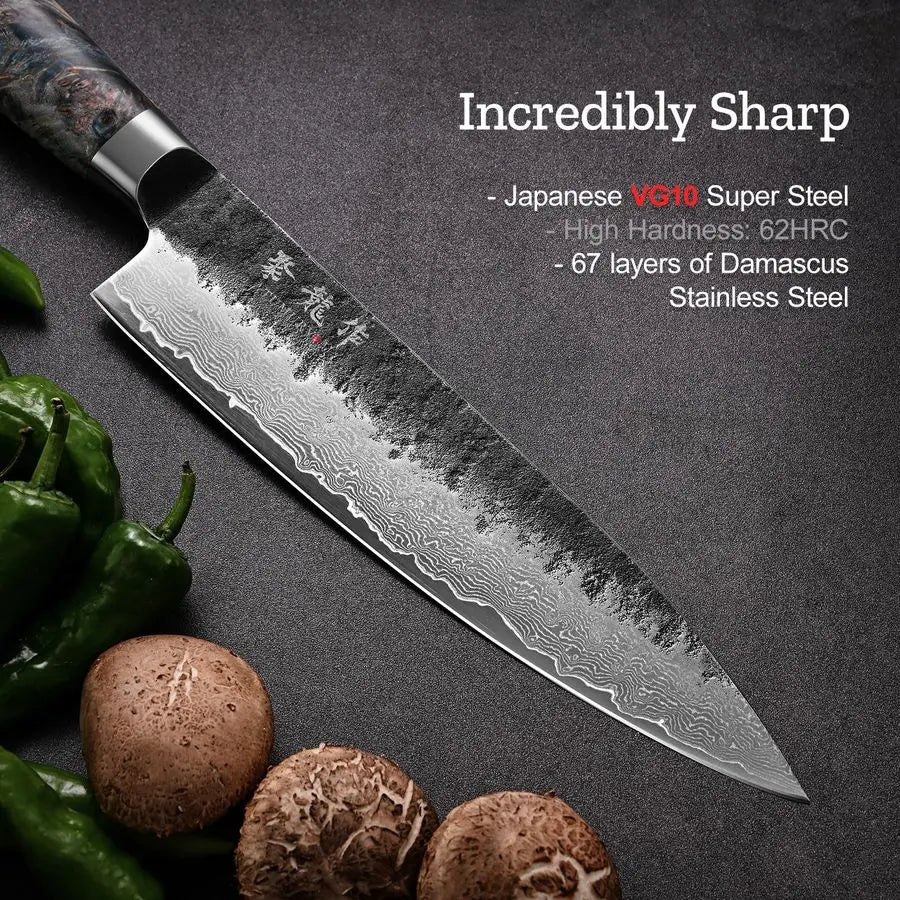 Chef Knife, 8 Inch Damascus Kitchen Knife with VG10 Steel Core, Professional Black Forged Kitchen Knives with Ergonomic Handle,