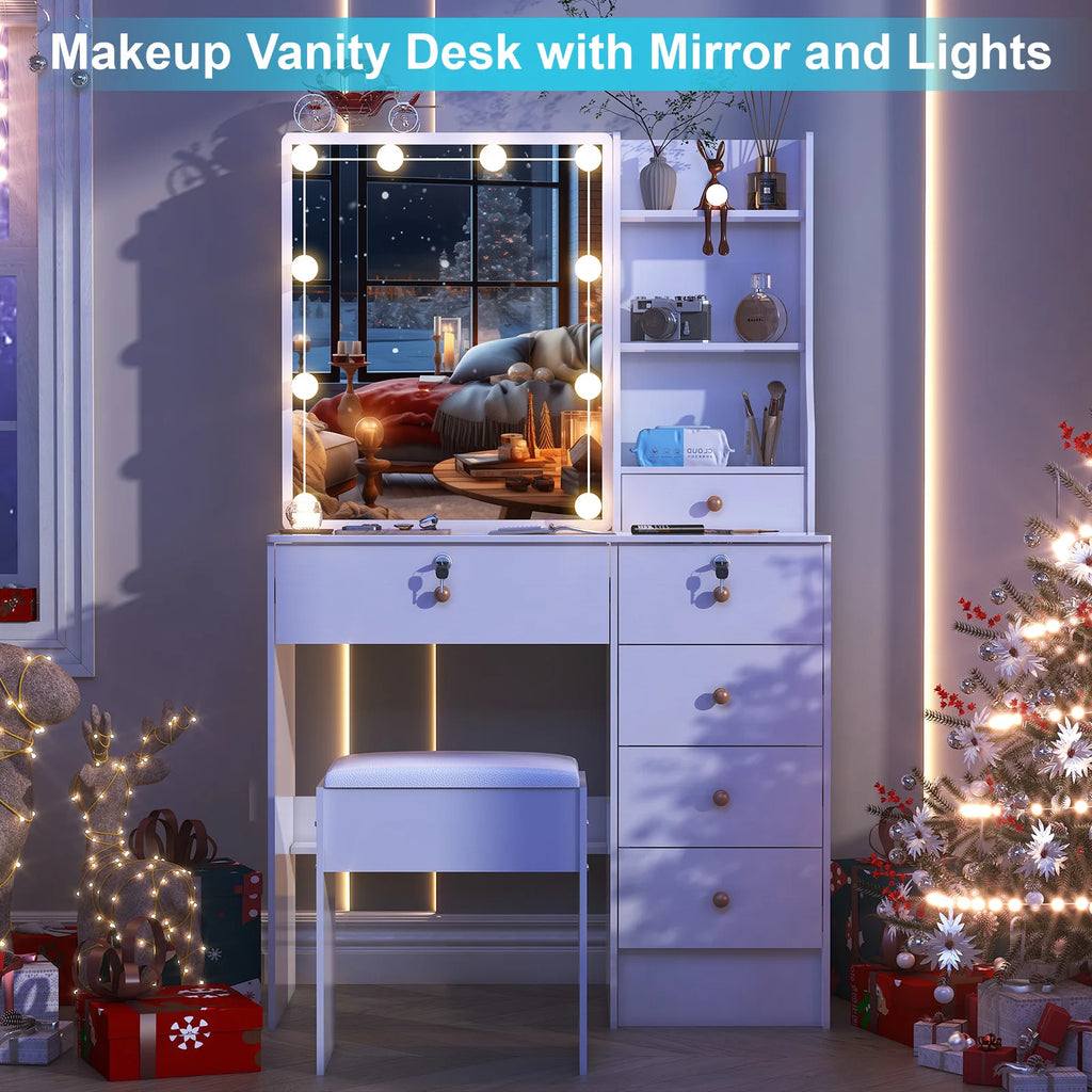 Vanity Set with 10 LED Lighted Mirror Makeup Dressing Table Dresser Desk & Stool