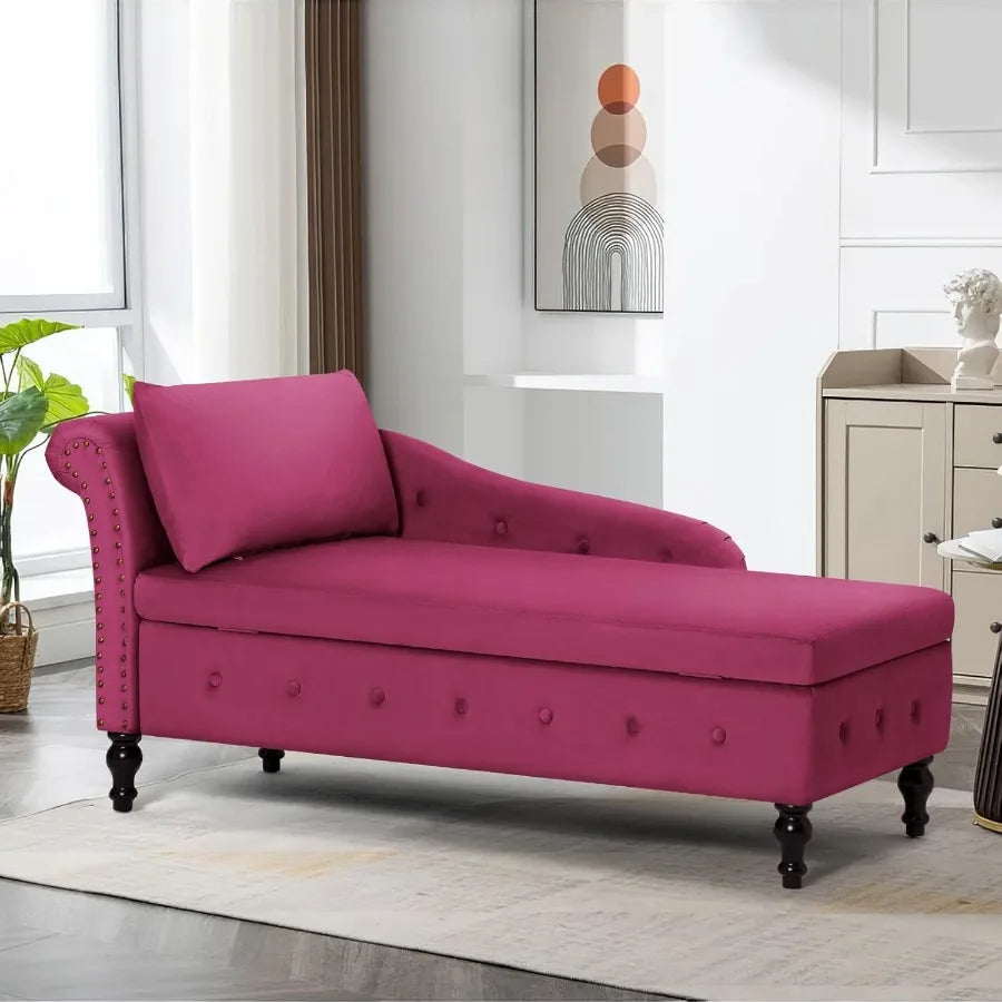 Modern Fuchsia Velvet Chaise Lounge with Left Armrest and Builtin Storage Space Button Tufted Upholstered Lounge Chair with Lum
