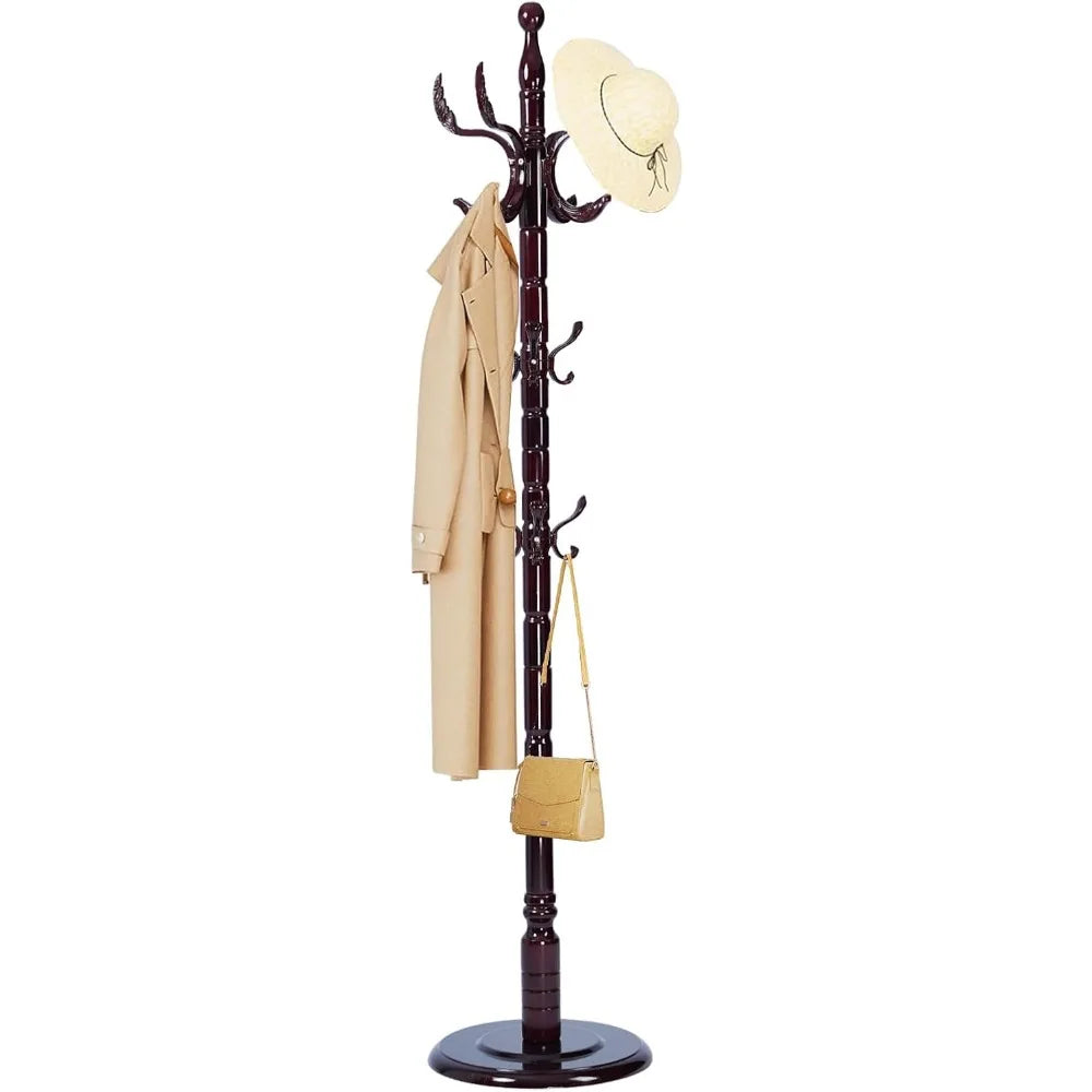 Solid Wood Coat Rack, Free Standing Hall Coat Tree with 14 Hooks, 3 Height Options, 300lbs Load, Stury Base, Clothes Rack for En