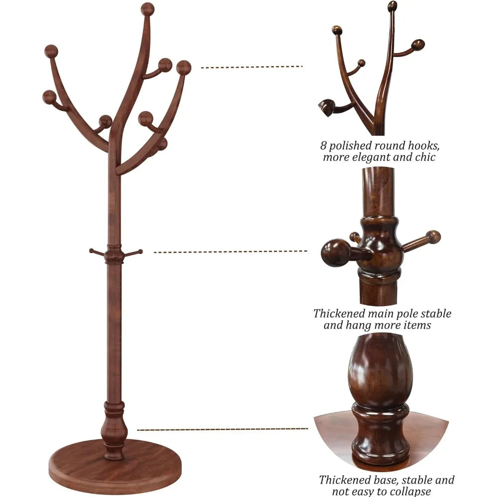 Wooden Freestanding Coat Rack with 11 Hooks, Sturdy Rubber Wood Hanger, Vintage Style