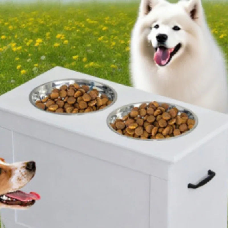 Elevated Dog Bowl With Storage Space White High Feeder - Raised Dog Bowl Stand Large Feeding Station With 2 Pet Bowls