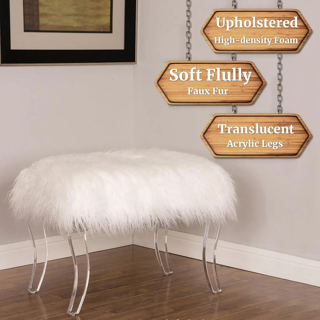 Modern Style White Faux Fur Ottoman Footrest Stool Vanity Stool with Acrylic Legs Accent Bench for Bedroom