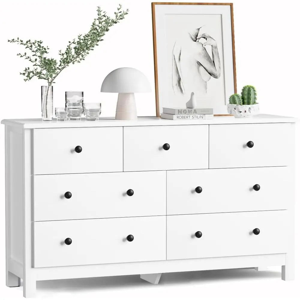 White Wooden Dresser with Metal Handles and Wide Drawers for Bedroom, Living Room, or Hallway Storage