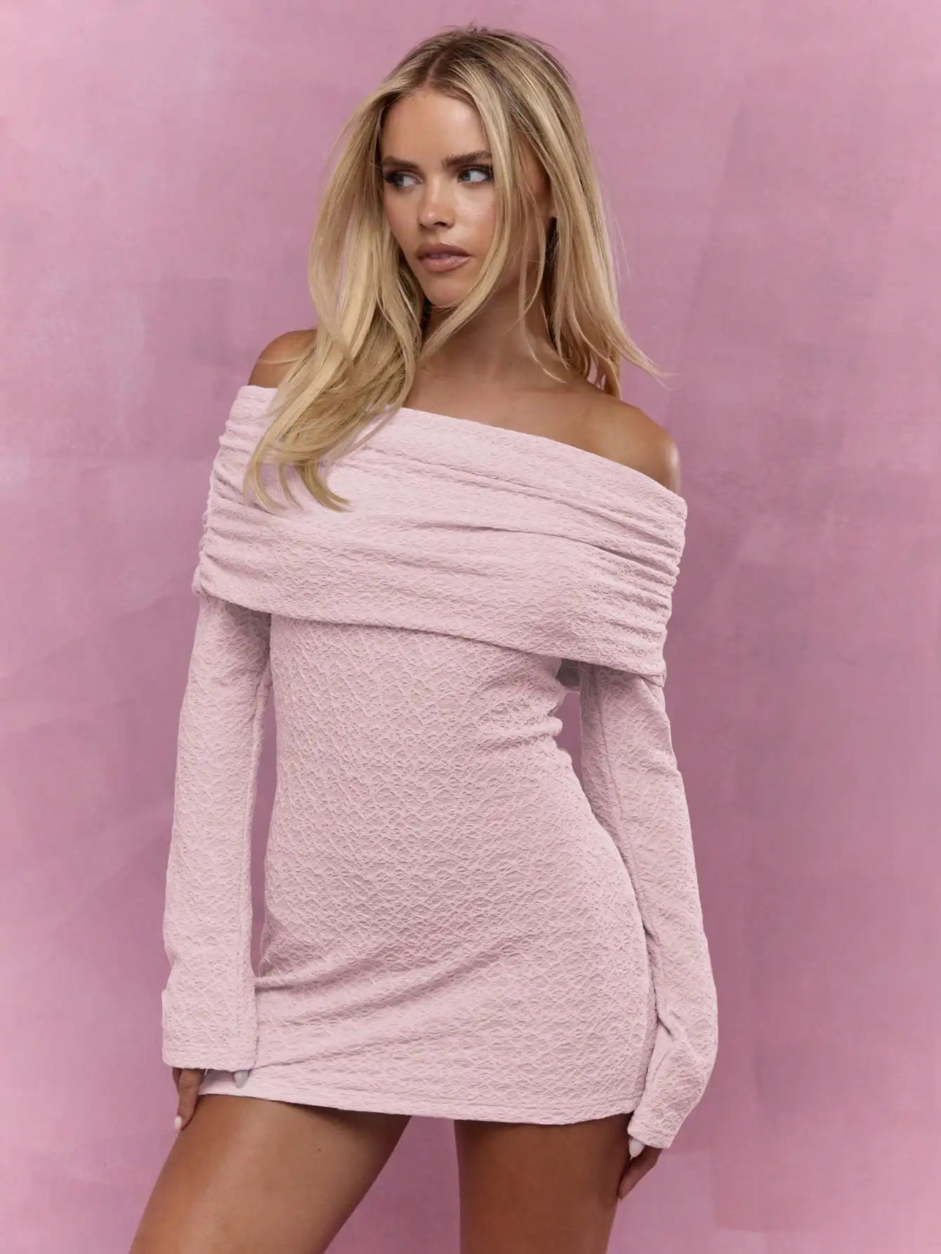 Textured Ruched Off Shoulder Long Sleeve Bodycon Mini Dress for Women