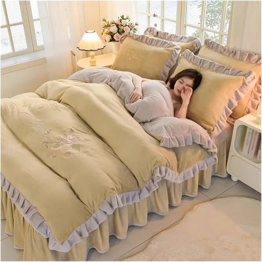 Cozy Warm Dark Grey Duvet Cover Set Anti-Static 4 Pieces Winter Bedding Set with Comforter Fitted Sheet Pillow Shams Yellow 2M