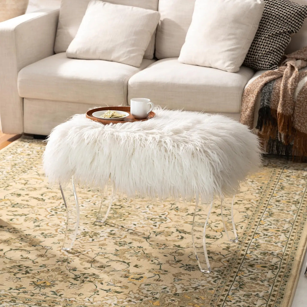 Modern Style White Faux Fur Ottoman Footrest Stool Vanity Stool with Acrylic Legs Accent Bench for Bedroom