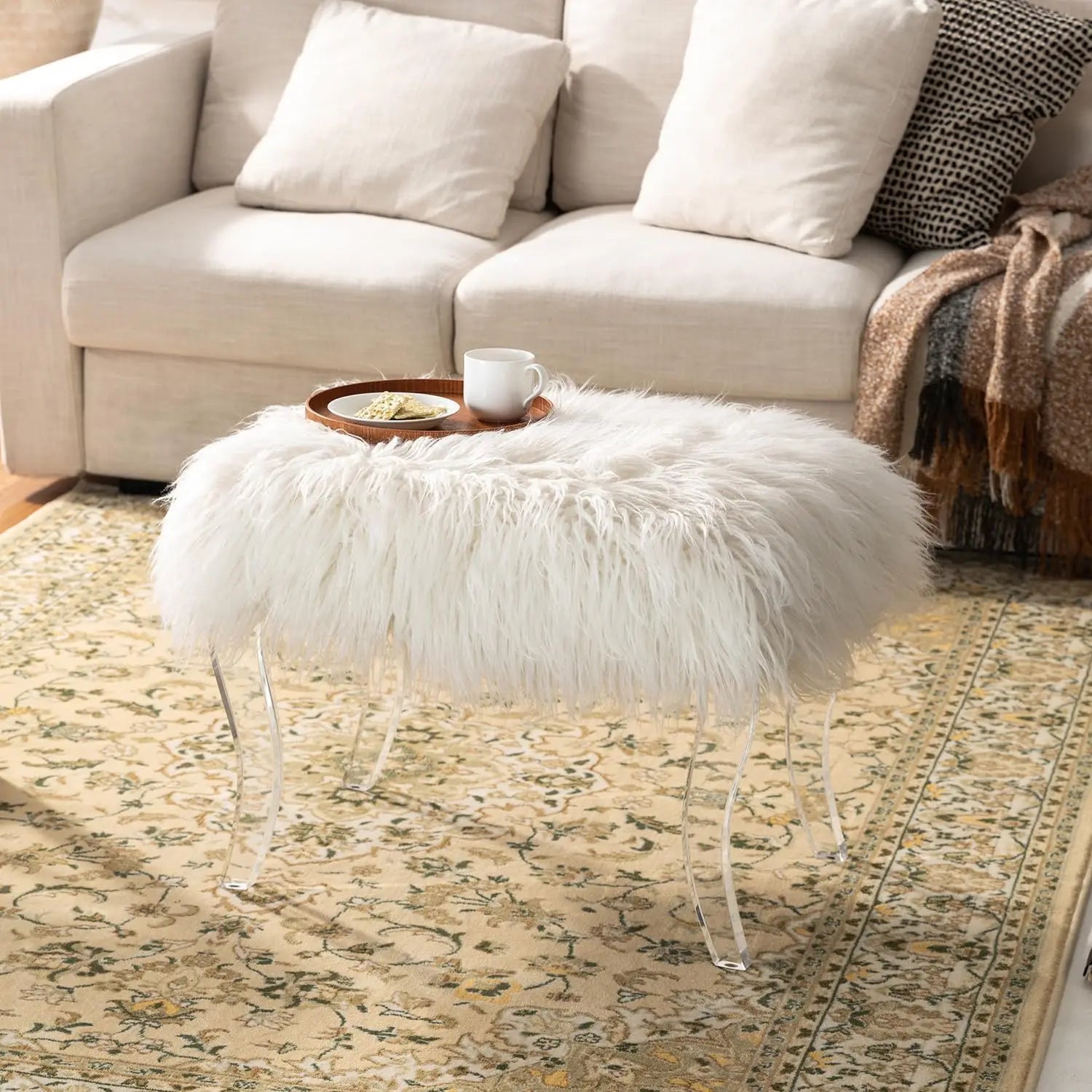 Modern Style White Faux Fur Ottoman Footrest Stool Vanity Stool with Acrylic Legs Accent Bench for Bedroom