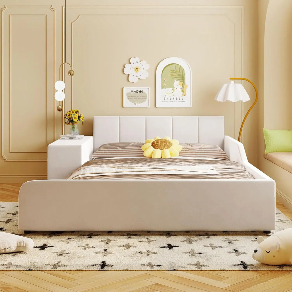 Velvet Upholstered Grounded Platform Bed, Wooden Full Size Mother & Child Bed Frame with Bedside Desk and Little, Customized