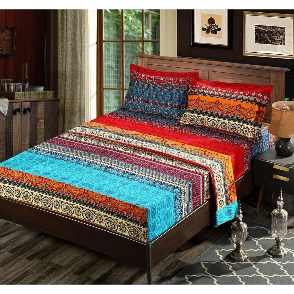 Full Size Bohemian Striped Duvet Cover Set, Brushed Cotton Boho Bedding, No Comforter Included, Fitted Sheet Included