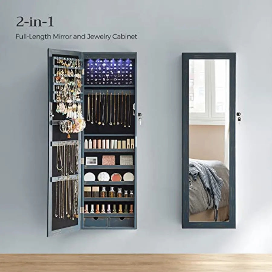 6 LEDs Jewelry Cabinet christmas gifts for women Lockable 47.3" H Wall/Door Mounted Jewelry Armoire Organizer with Mirror 2 Dra