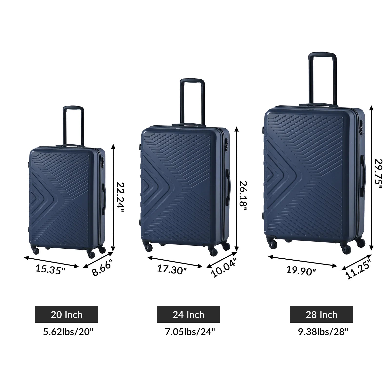 3 Piece Luggage Sets  (20INCH /24INCH /28INCH ) ABS Lightweight Suitcase with Two Hooks, Spinner Wheels, TSA Lock,  Black