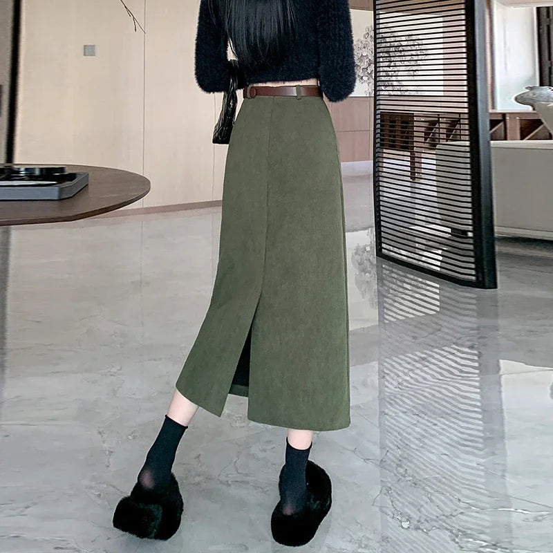 2025 New Autumn Winter Vintage Women's Corduroy A-Line Skirts with Belted Solid Korean Office Straight Wrap Midi Skirts Female