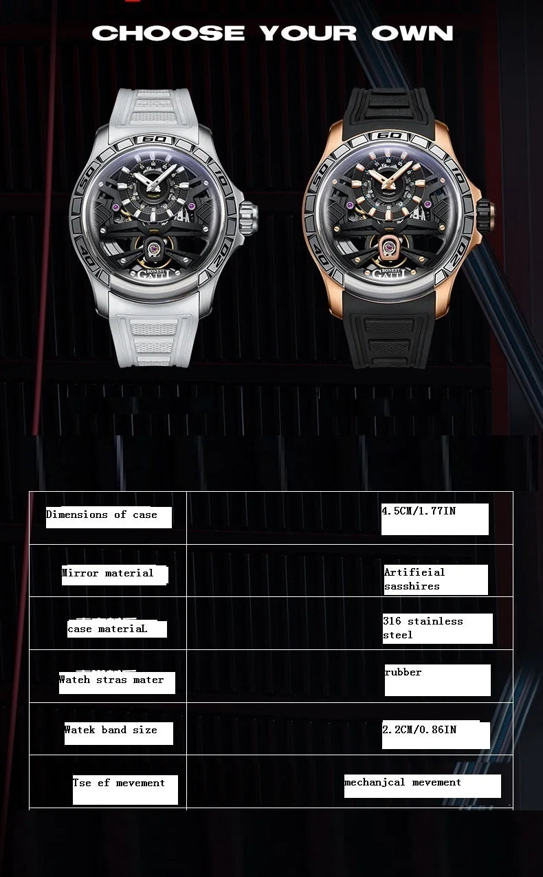BONEST GATTI men's watch Valentine's Day gift for your boyfriend: Men's automatic skeleton watch Luminous watch