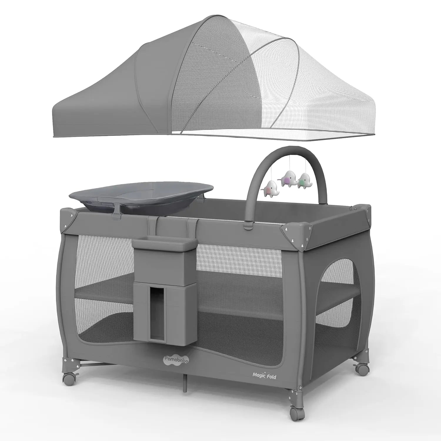 One-Step Fold 4-in-1 Portable Baby Crib with Bassinet, Mosquito Net, and Changing Table for Ages 0-3