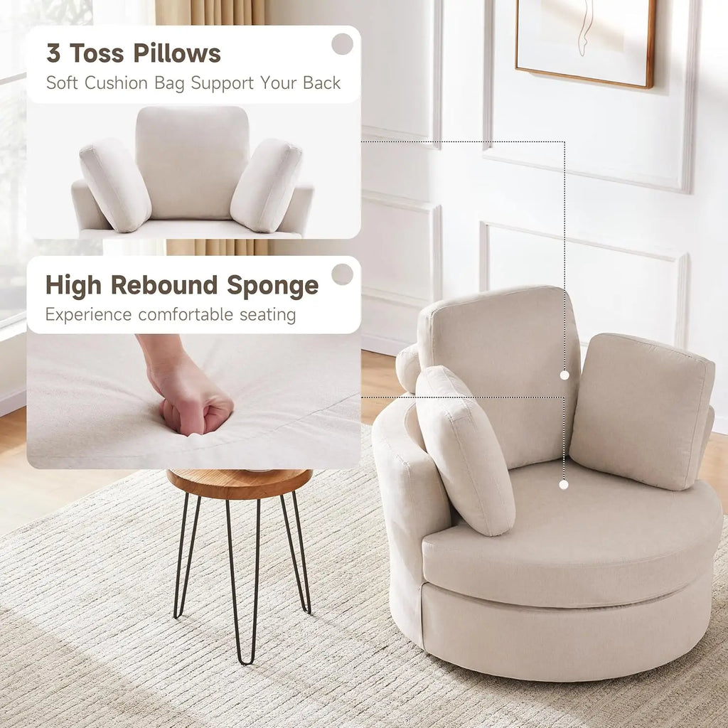 39' Swivel Accent Chair with Headrest & Ottoman, Beige Chaise Lounge for Living Room