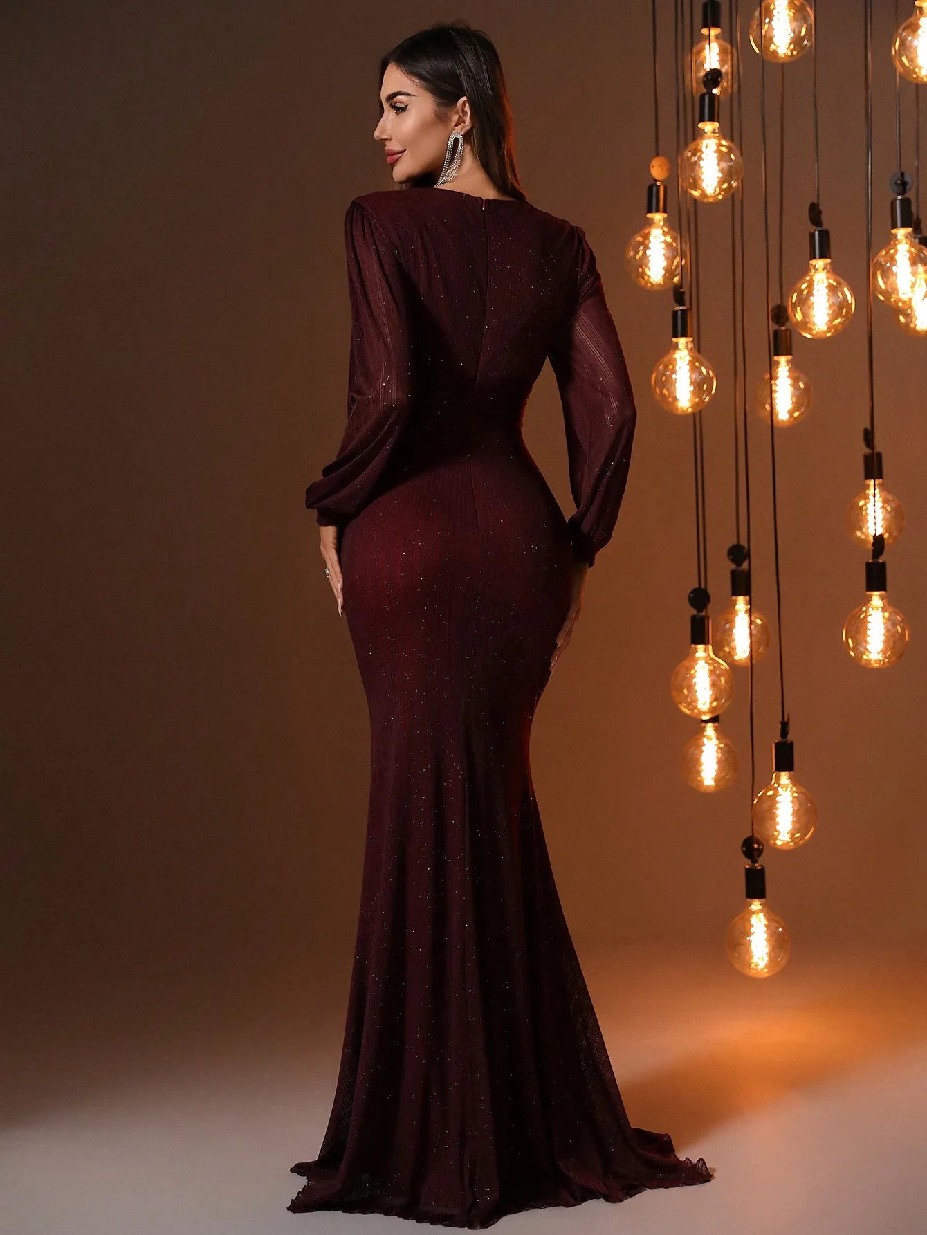 Elegant Long Sleeve Glitter Mermaid Gown with Draped V Neck for Evening Events