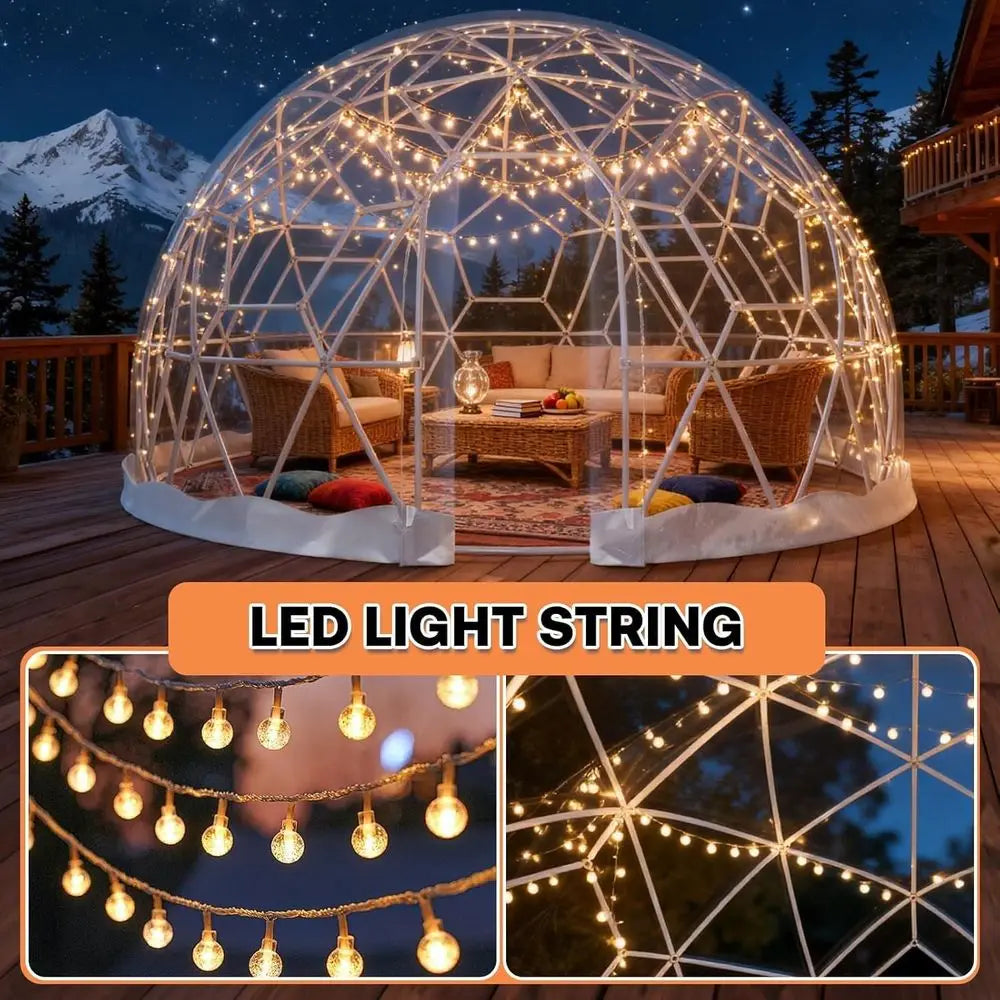 12ft x 7.2ft Geodesic Dome Greenhouse Tent with Clear PVC Cover and Waterproof Feature, Includes 2x10m Light Strings