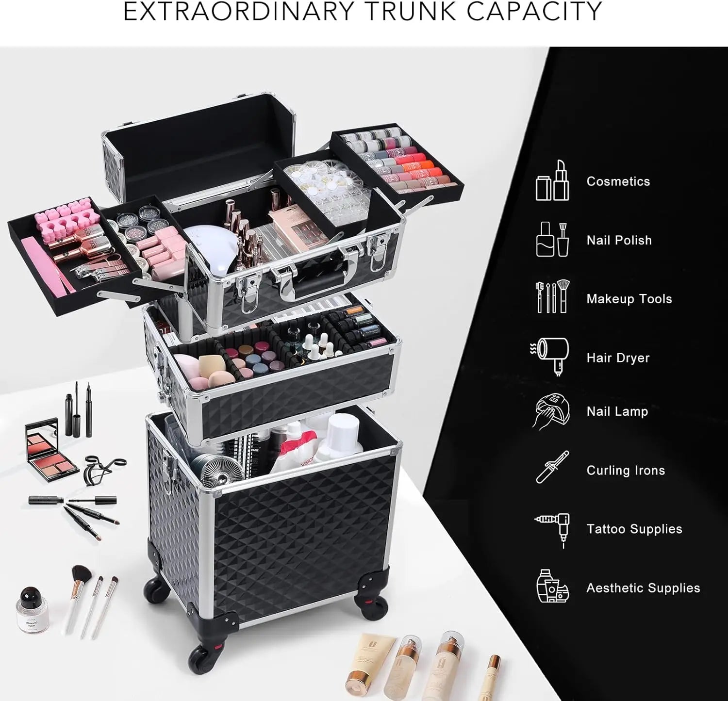 3-in-1 Rolling Makeup Case with Swivel Wheels, Large Storage for Salon Travel, Vintage Black