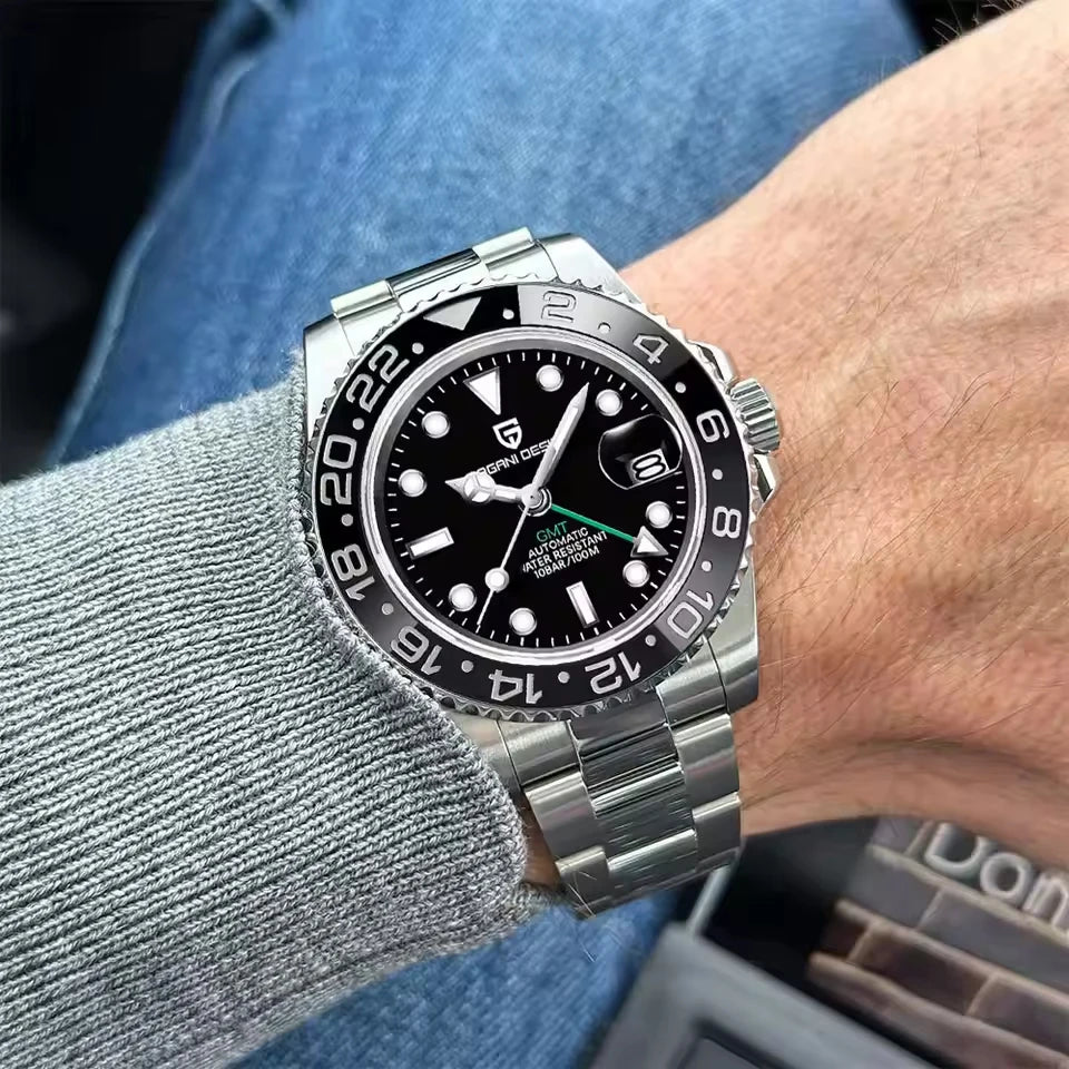 New PAGANI DESIGN GMT Automatic Wristwatch Stainless Steel 100M Waterproof Watch Top Brand 40mm Mechanical luminous Watch Men