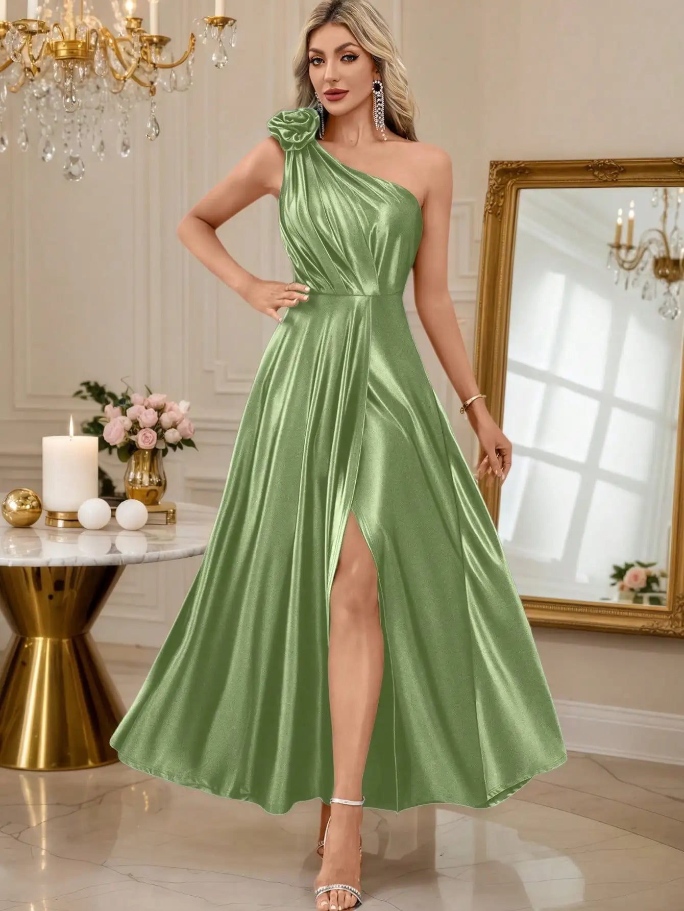 Elegant Satin One-Shoulder Evening Gown with High Slit and Floral Detail, Formal Dress for Parties and Galas