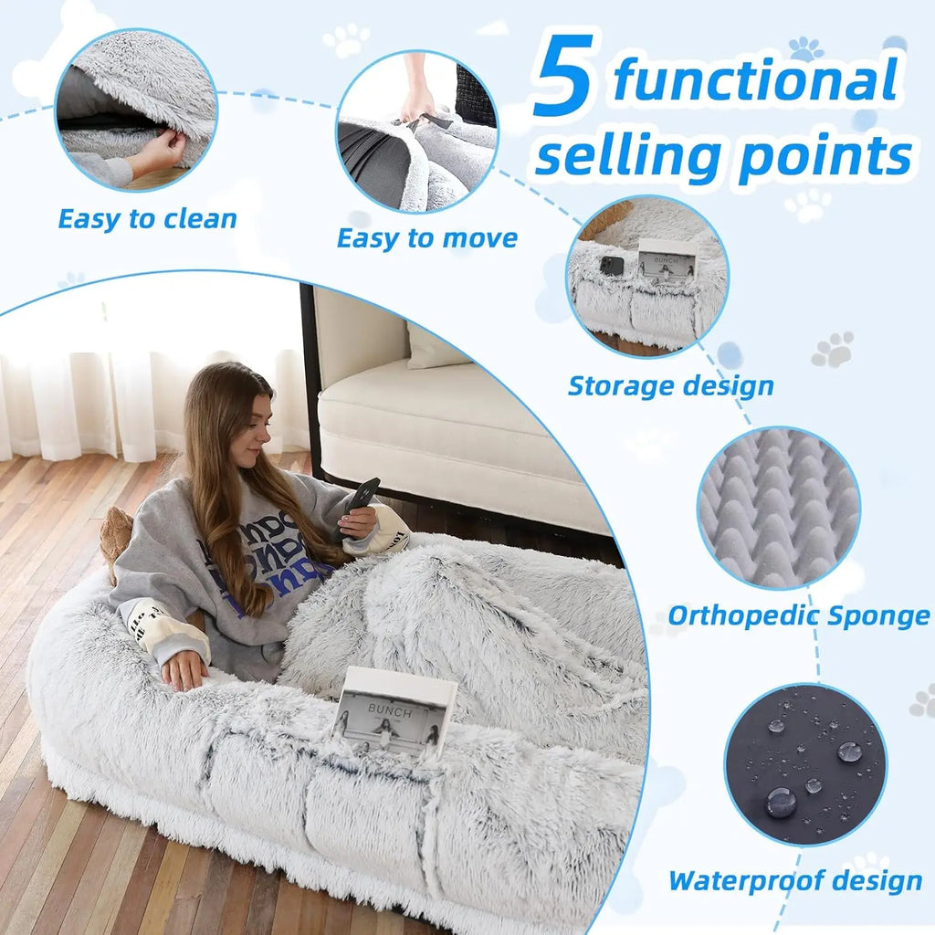 71x45x12 Inch Washable Faux Fur Pet and Human Bed with Pillow, Blanket, and Strap in Grey