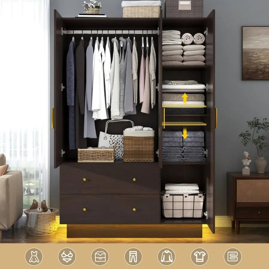 Doors Armoire Wardrobe Closet with Mirror, LED Armoire with Doors and Drawers, Wooden Wardrobe Storage Cabinet with Hanging Rod