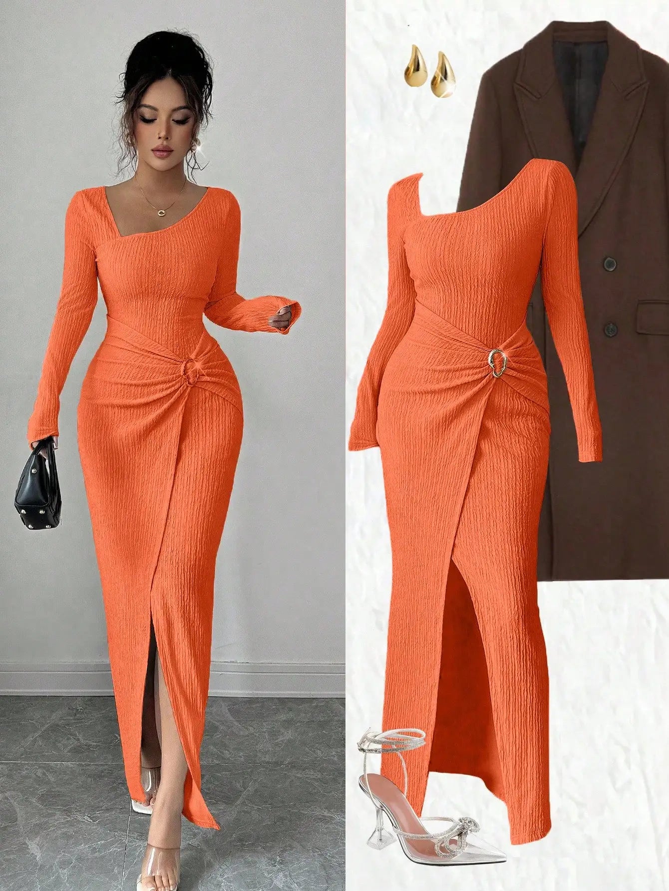 Women's Solid Color Fashion Solid Color Twisted Long Dress ,Asymmetrical -Neck Knitted Texture Tight Bodycon,