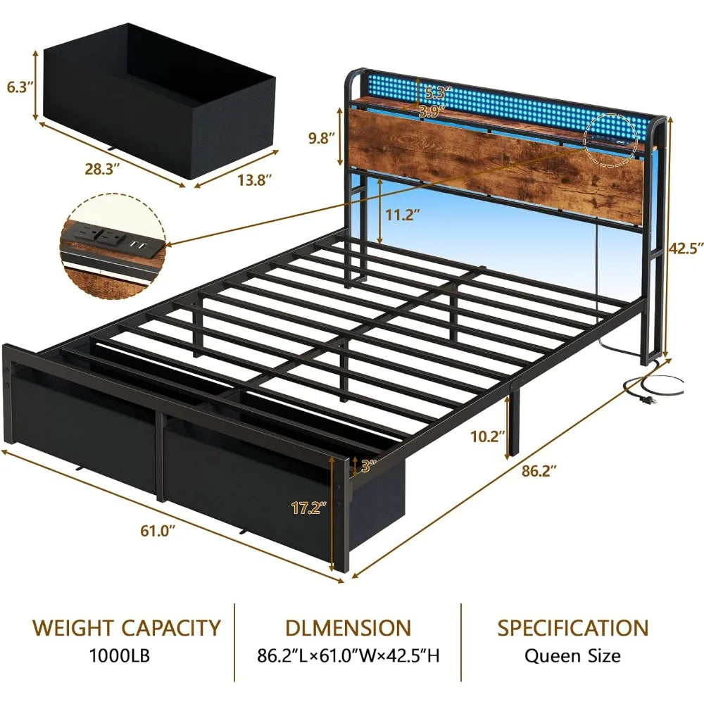 Queen Size Bed Frame with Headboard, Platform Bed Frame Queen Size with 2 Storage Drawers and Charging Station & LED Light.