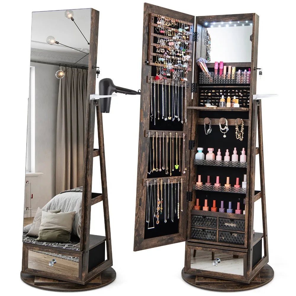 360° Swivel Jewelry Cabinet Full Length Mirror w/Built-in Lights Rustic Brown