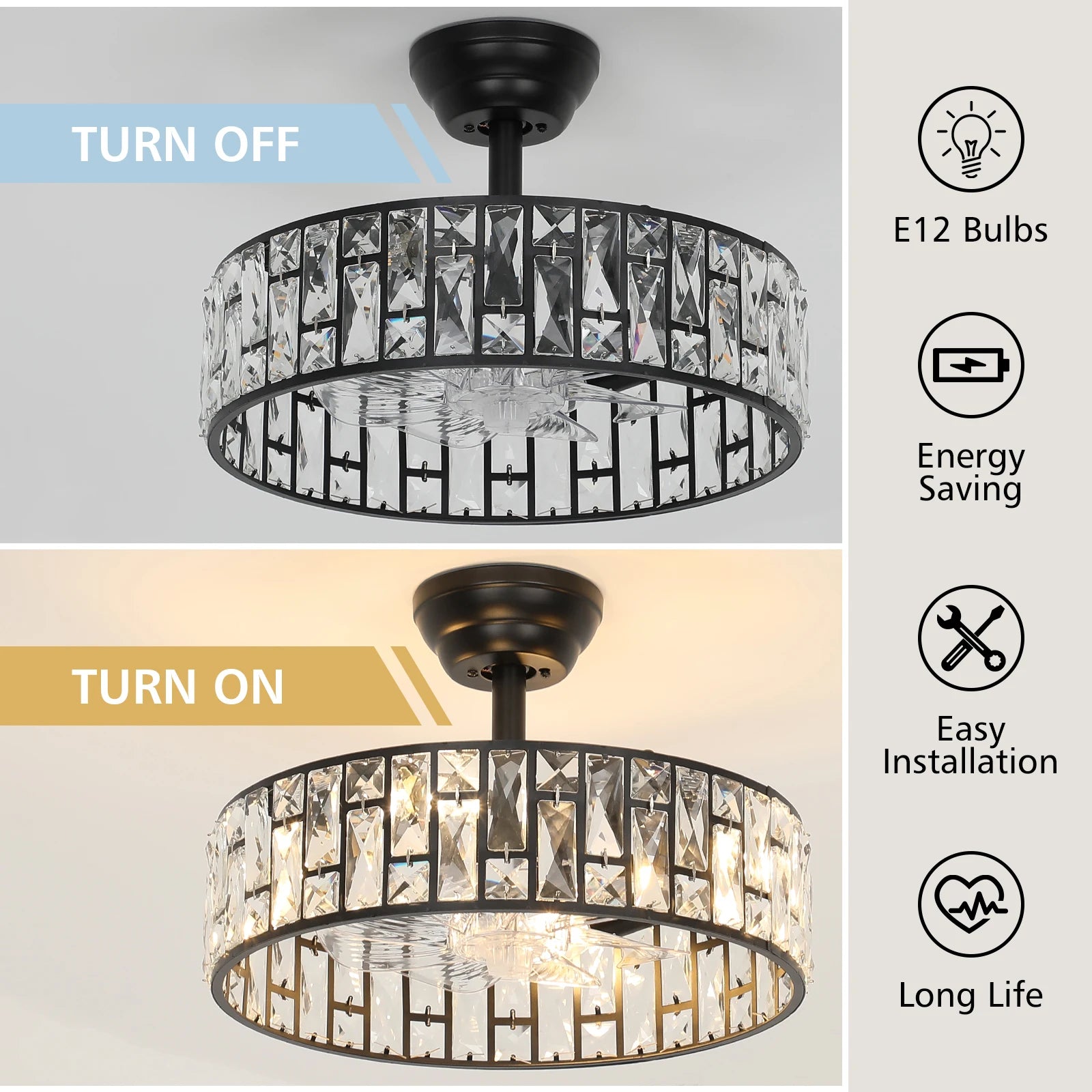 17.91" Modern Luxury Ceiling Fan Light With Semi-Recessed Installation, 6-Speed Remote Control, For Living Room, Hotel Lobby
