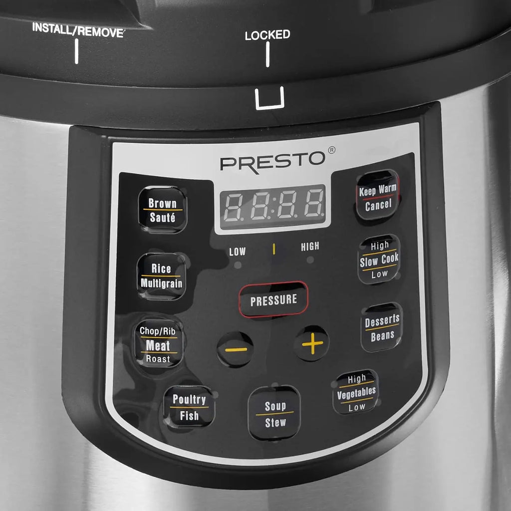6-Quart Electric Pressure Cooker with Digital Display, Black and Silver Stainless Steel Design, Fast Cooking, Energy