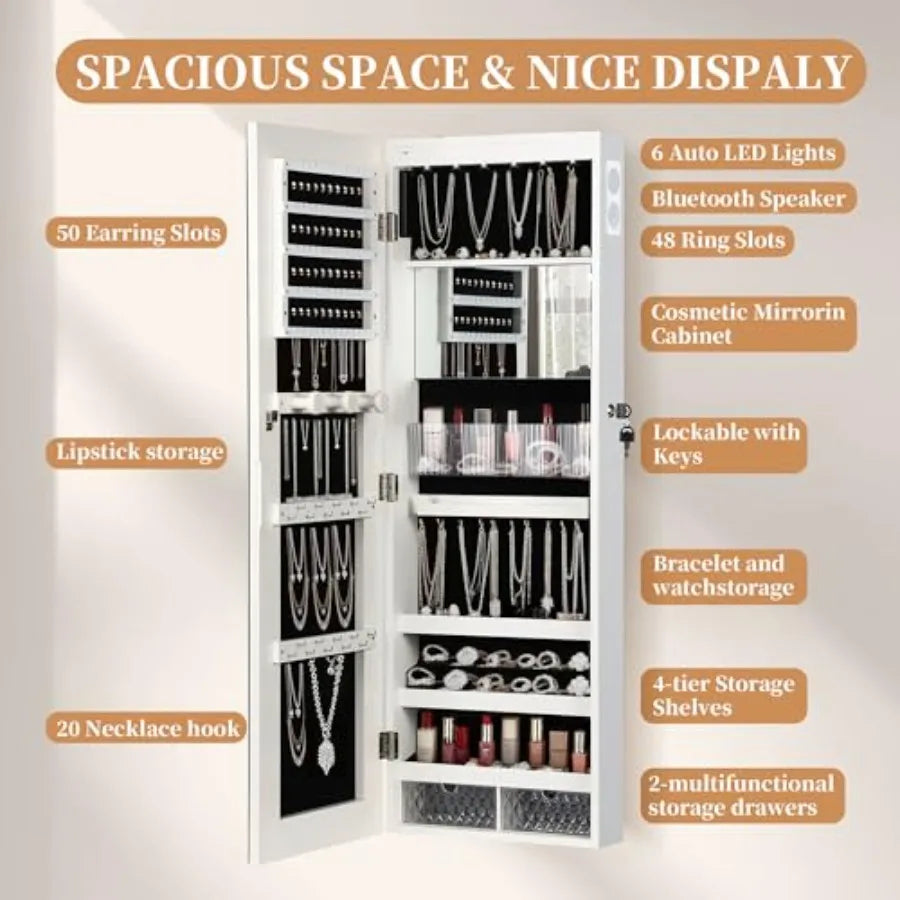 LED Mirror Jewelry Cabinet with Bluetooth Speaker Wall/Door Mounted Jewelry Organizer Armoire Full Length Lighted Mirror with J