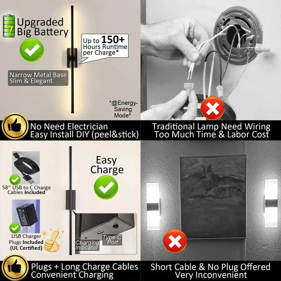 Install Peel and Stick on Battery Operated Wall Sconces Set of 2 Rechargeable, Magnetic Linear Wall Sconce Wireless Long Picture