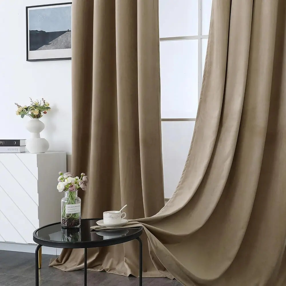 Luxury Taupe Velvet Curtains with Grommet, Light Blocking, 52x108, 2-Panel Set for Privacy in Home Office/Dining/Hall