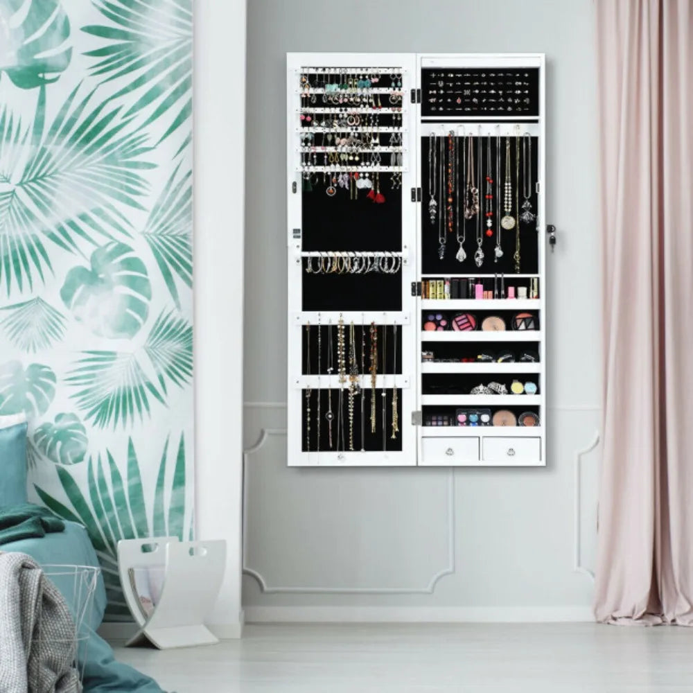 Wall Door Mounted Mirror Jewelry Cabinet Lockable Armoire Organizer W/ LED Light