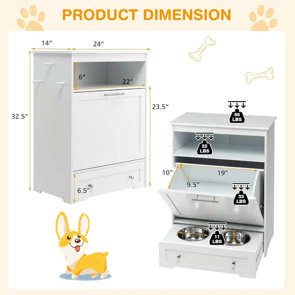 Pet Feeder Station, Dog Food Storage Container with Double Pull Out Dog Bowls, Pet Food Toy Cabinet, Pet Feeding Furniture